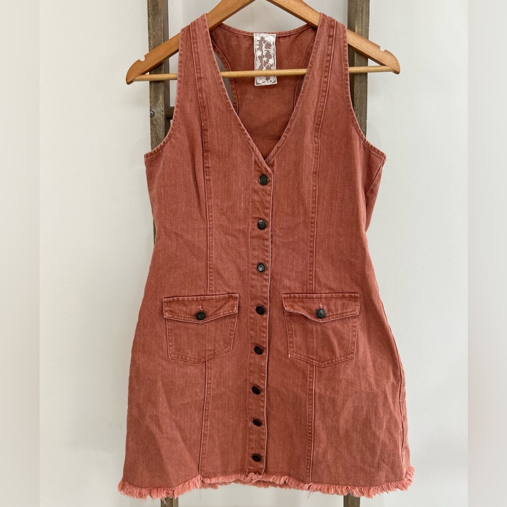 Sadie & Sage Denim Button Down Raw Hem Mini Dress Dusty Rose Women’s Size Small